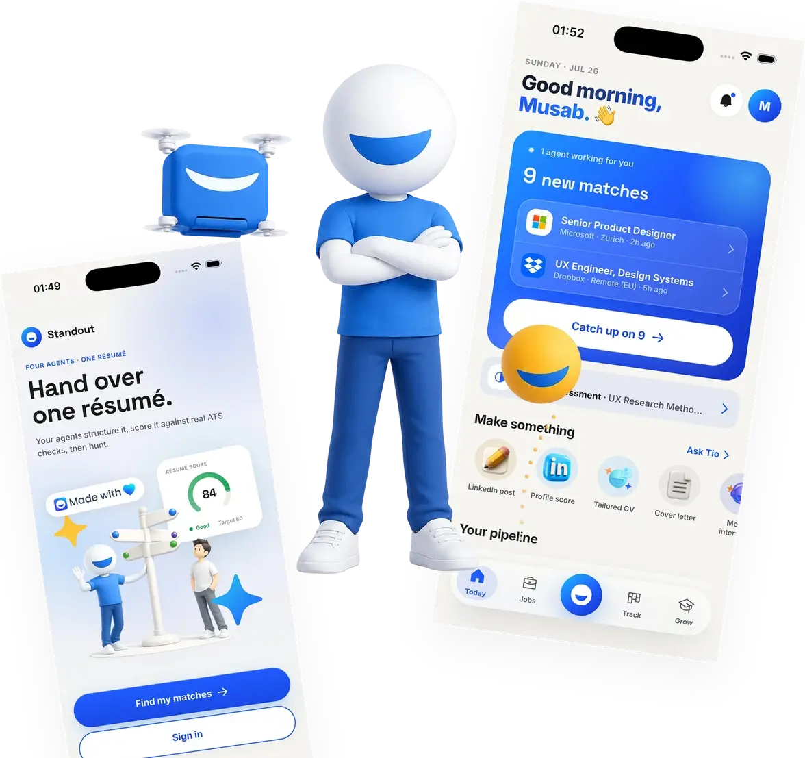 Talenlio mobile app screens with the mascot and a smiling drone