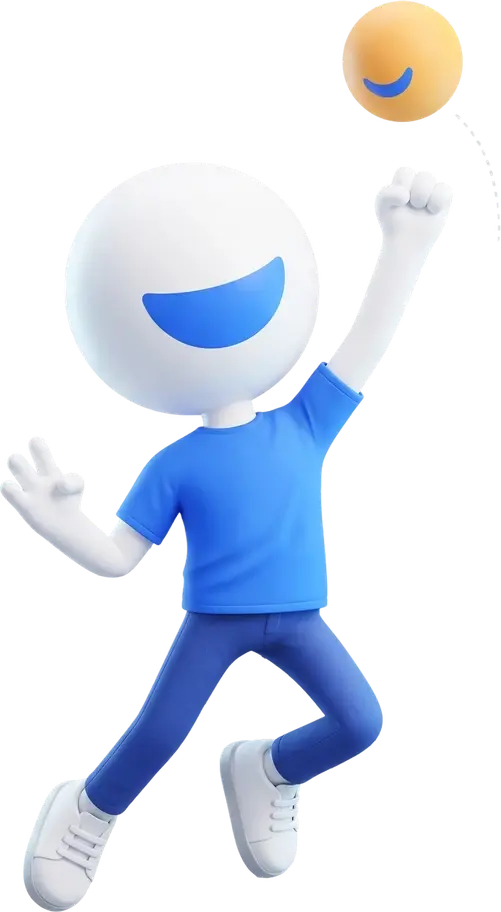 Talenlio mascot leaping to catch a smiling ball