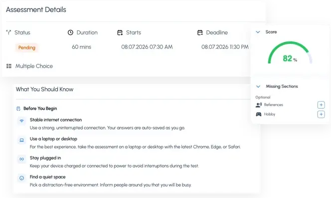 Challenges AI Agent assessment details with an 82% score