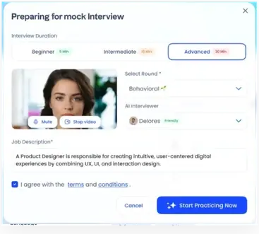 Interview Coach AI mock interview setup screen