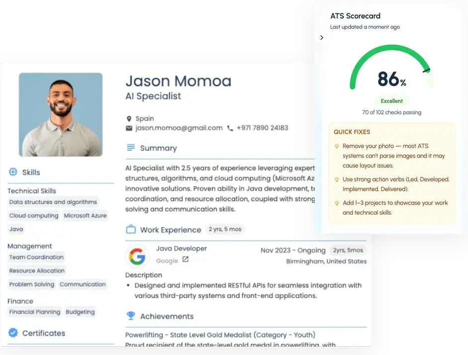 Portfolio AI Agent resume with an 86% ATS scorecard